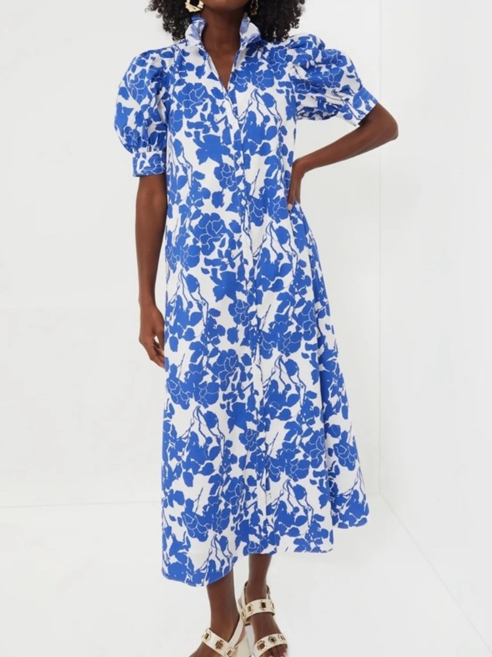 HYACINTH HOUSE Blue Floral Ruffle Collar Louisa Maxi Dress